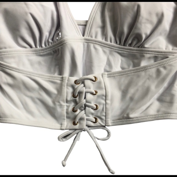 Boutique White One Piece Swimsuit Lace Up Corset Plunging Neckline S Beach Pool - Picture 2 of 5